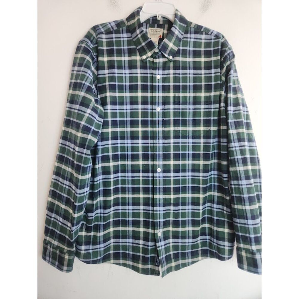 L.L.Bean Men Deep Green Plaid Cotton  "Slightly Fitted" Button Down Shirt Large